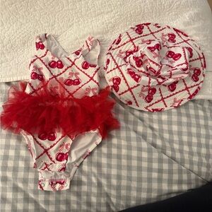 Posh Peanut Cherry Print Red Tutu Baby Swimsuit with Matching Hat